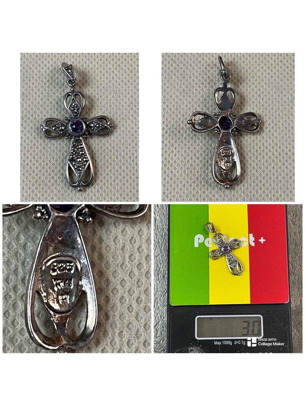STERLING SILVER MARCASITE AMETHYST CROSS PENDANT !! 3 GRAMS